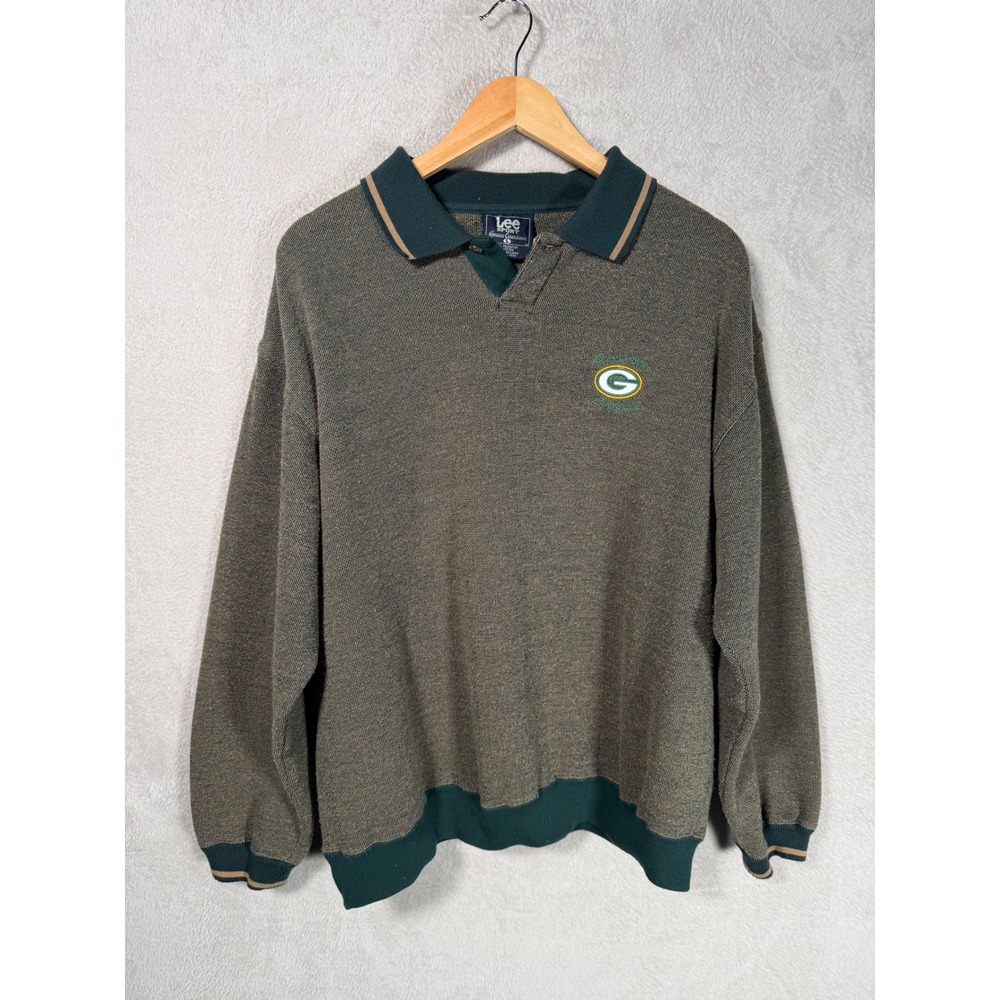 Vintage Lee Sport Green Bay Packers Pullover Sweater Green Tan Large NFL Logo